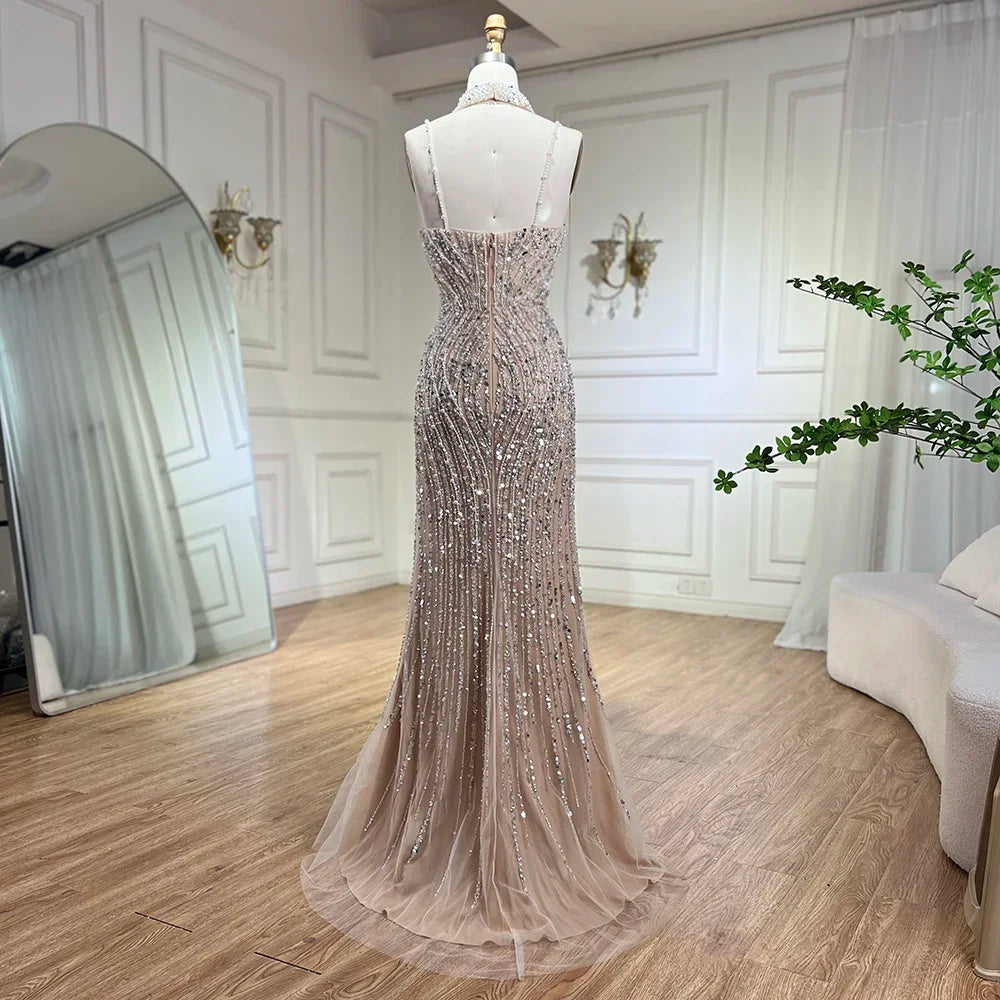 Arabic Beaded Pearls Sleeveless Mermaid With Slit Evening Dress With Chocker CLA72047B