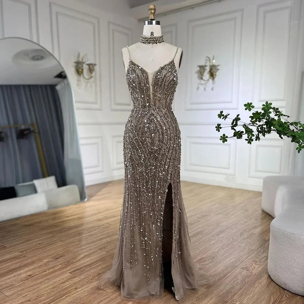 Arabic Beaded Pearls Sleeveless Mermaid With Slit Evening Dress With Chocker CLA72047B
