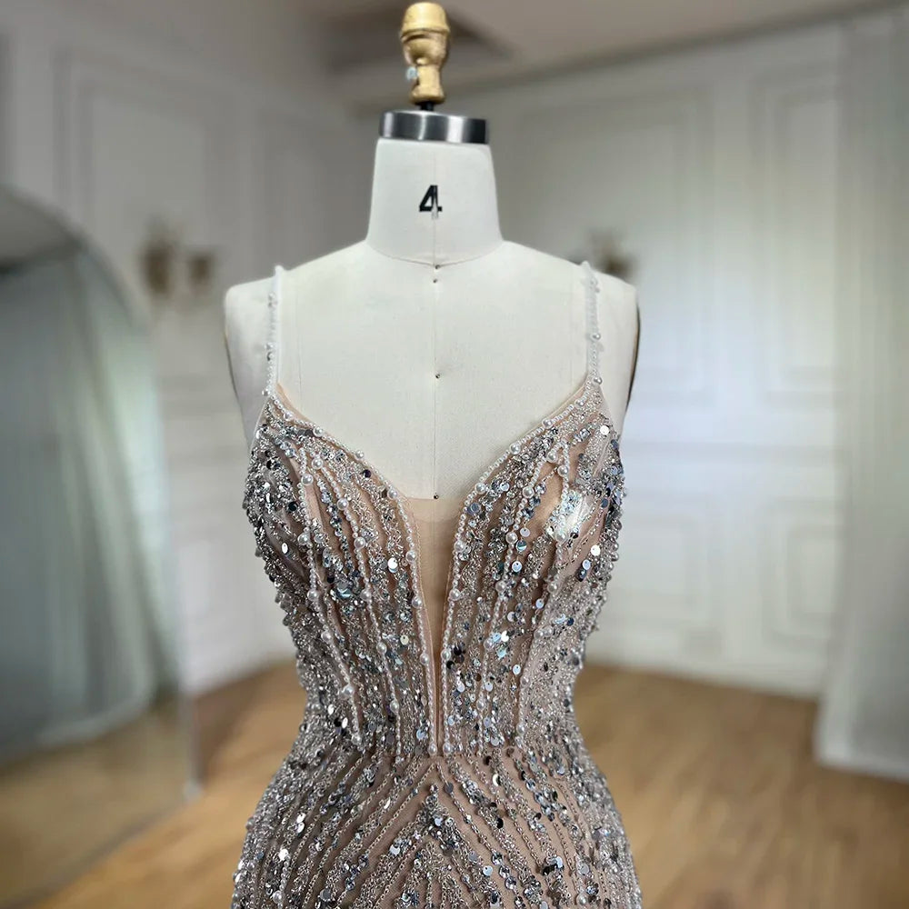 Arabic Beaded Pearls Sleeveless Mermaid With Slit Evening Dress With Chocker CLA72047B