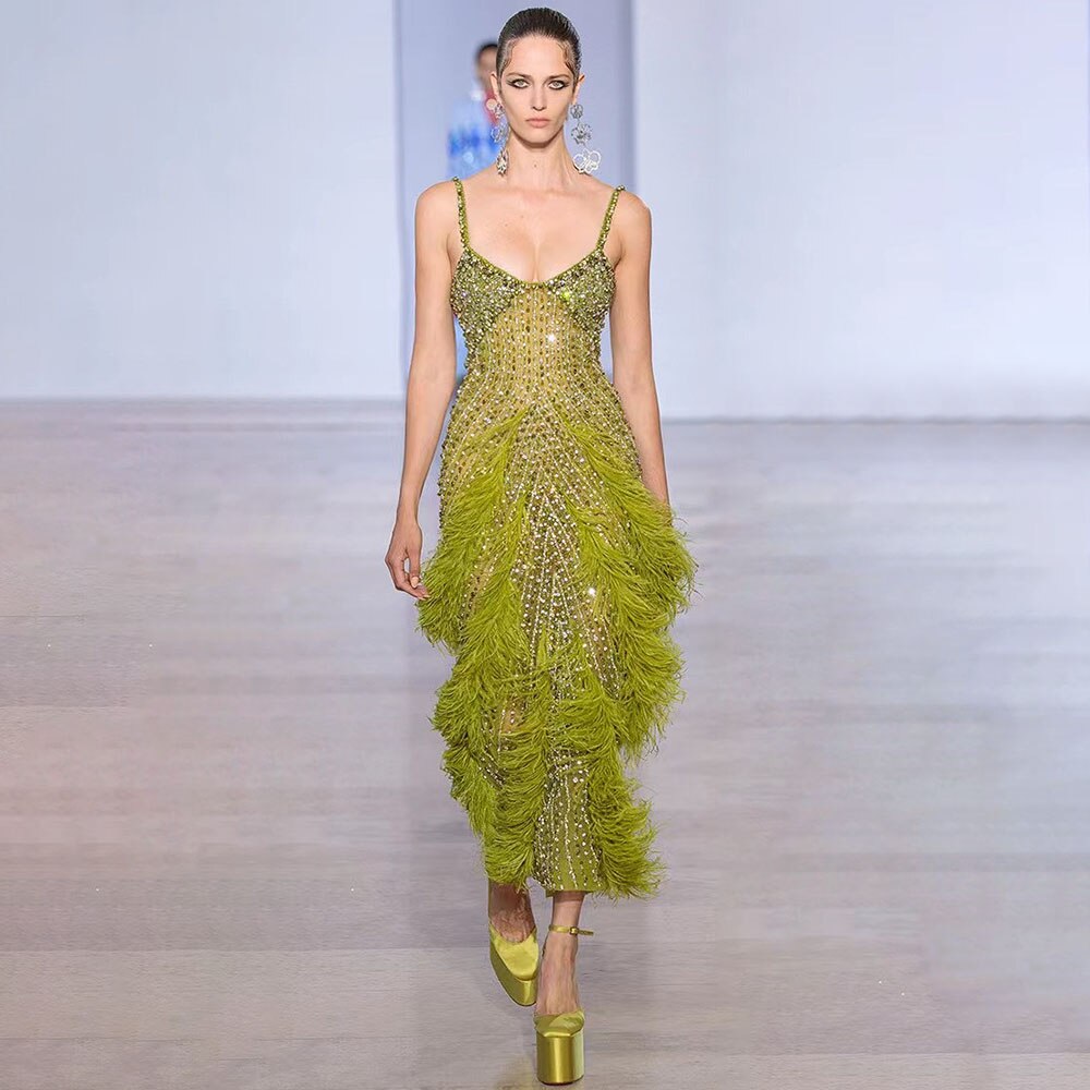 Arabic Mustard Yellow Luxury Beaded Feathers Mermaid Ankle LengthEvening Dress CLA72055