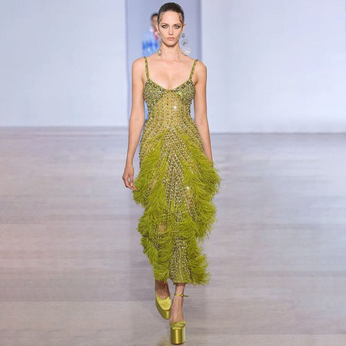 Arabic Mustard Yellow Luxury Beaded Feathers Mermaid Ankle LengthEvening Dress CLA72055