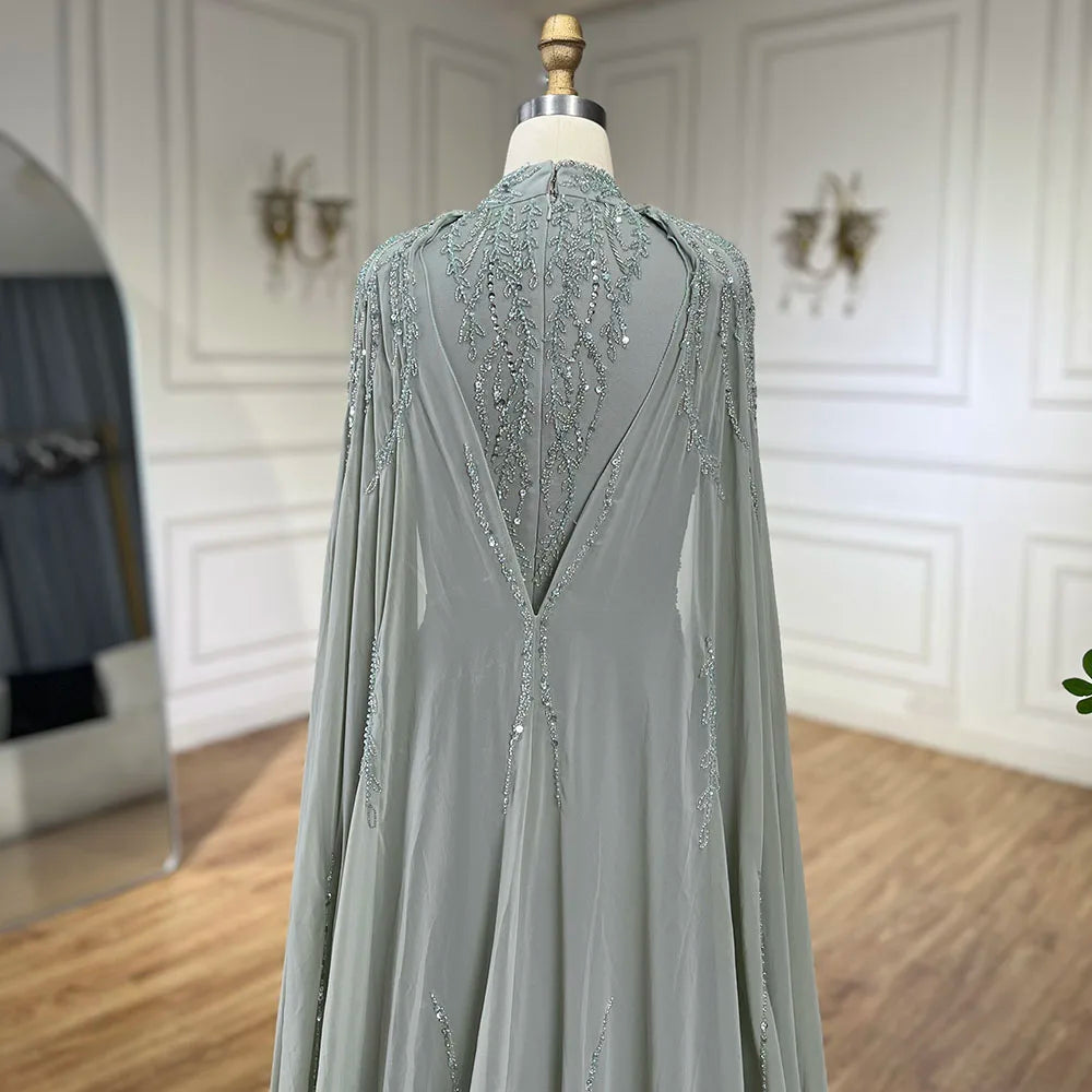 Modest Muslim Pink Evening Dress With Cape Long Sleeves CLA72413A