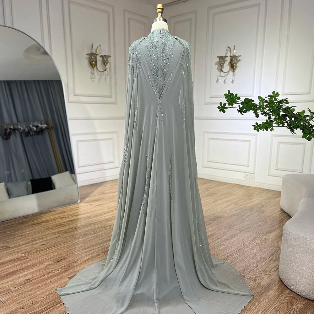 Modest Muslim Pink Evening Dress With Cape Long Sleeves CLA72413A