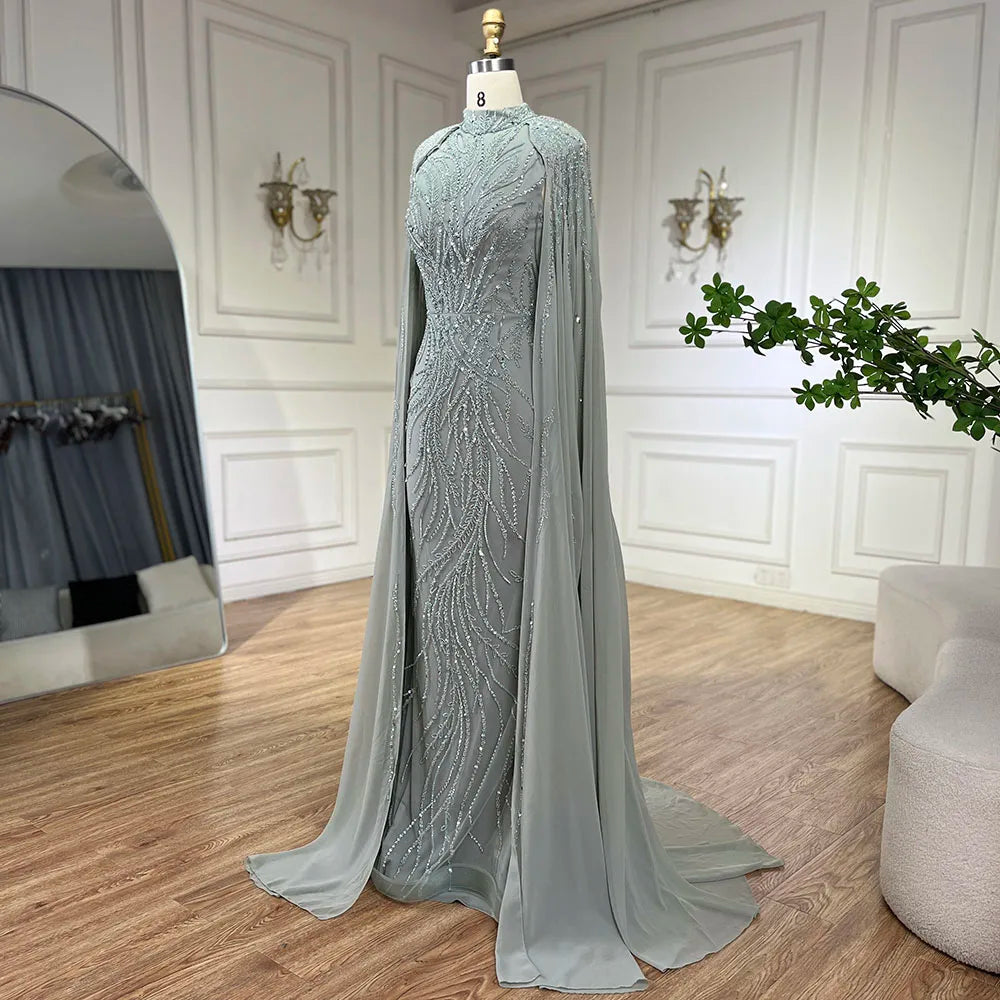 Modest Muslim Pink Evening Dress With Cape Long Sleeves CLA72413A