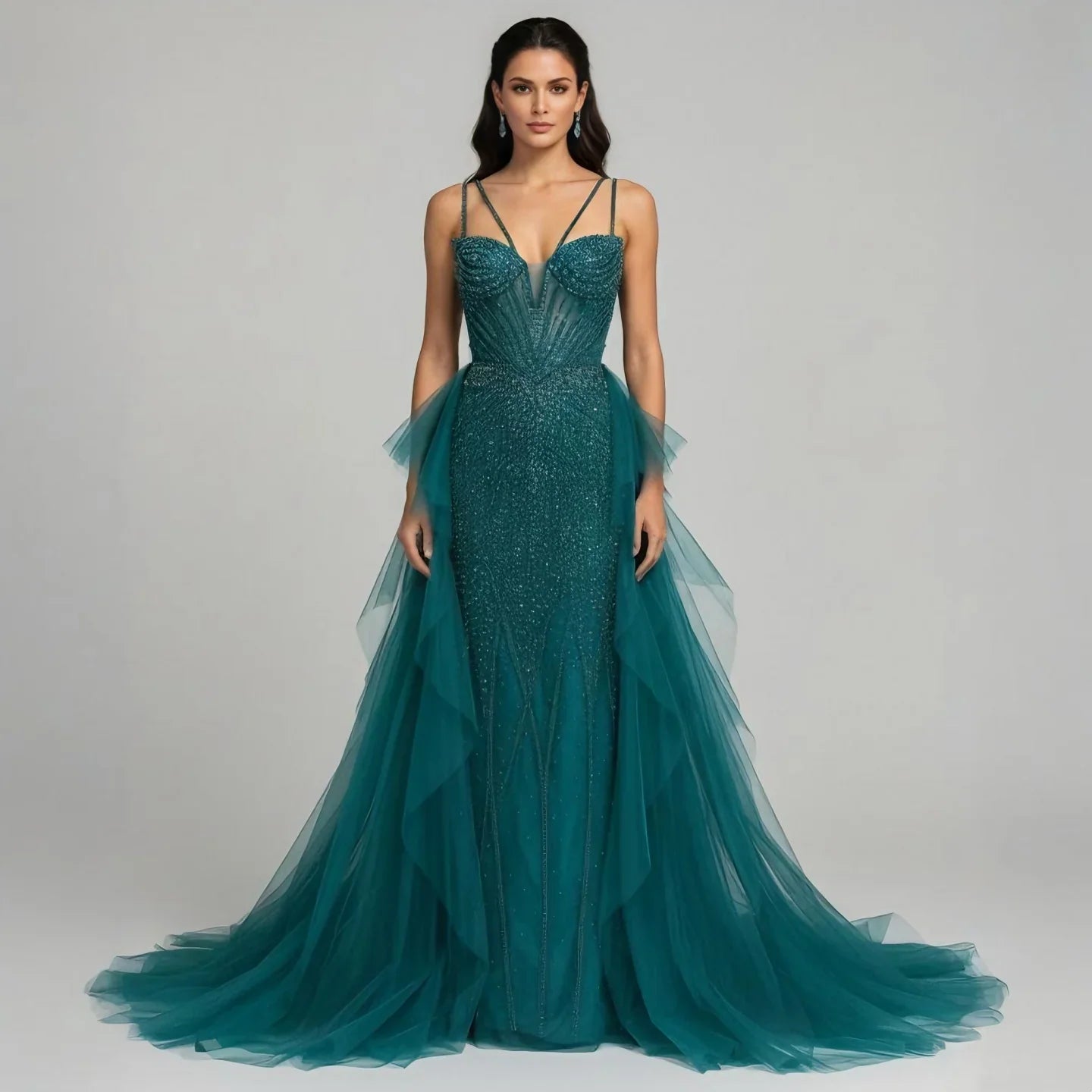 Arabic Luxury Beaded Mermaid Overskirt Evening Dress WIth Gloves Sexy Spaghetti Straps CLA73455