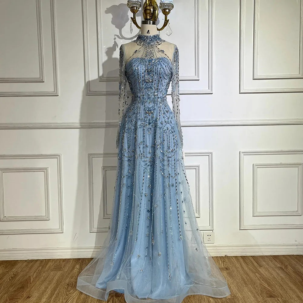 Luxury Dubai Designer Modest A-Line Blue Lace Beaded Evening Dresses CLA72704