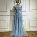 Luxury Dubai Designer Modest A-Line Blue Lace Beaded Evening Dresses CLA72704