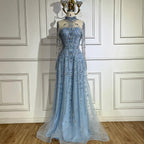 Luxury Dubai Designer Modest A-Line Blue Lace Beaded Evening Dresses CLA72704