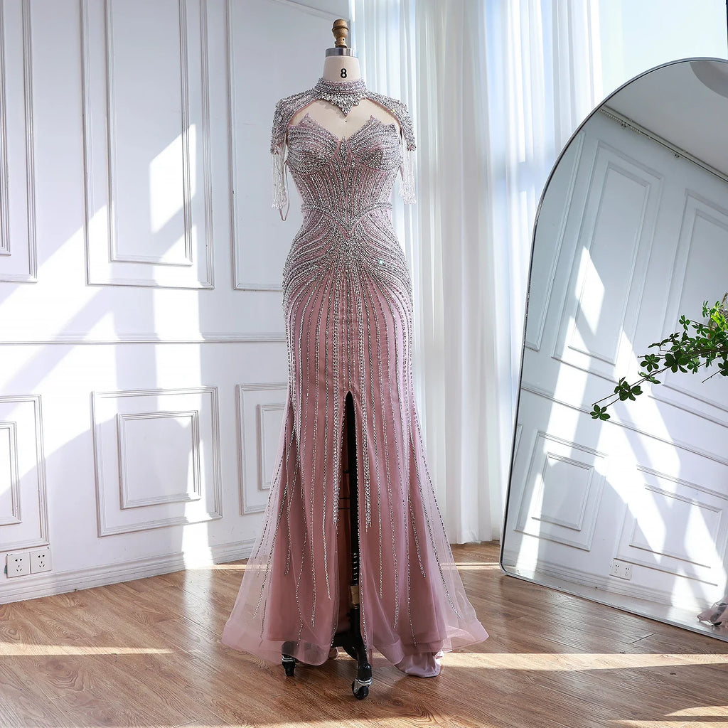 Arabic Luxury Beaded Mermaid Evening Dress With Detachable Tassels Cape CLA72891A