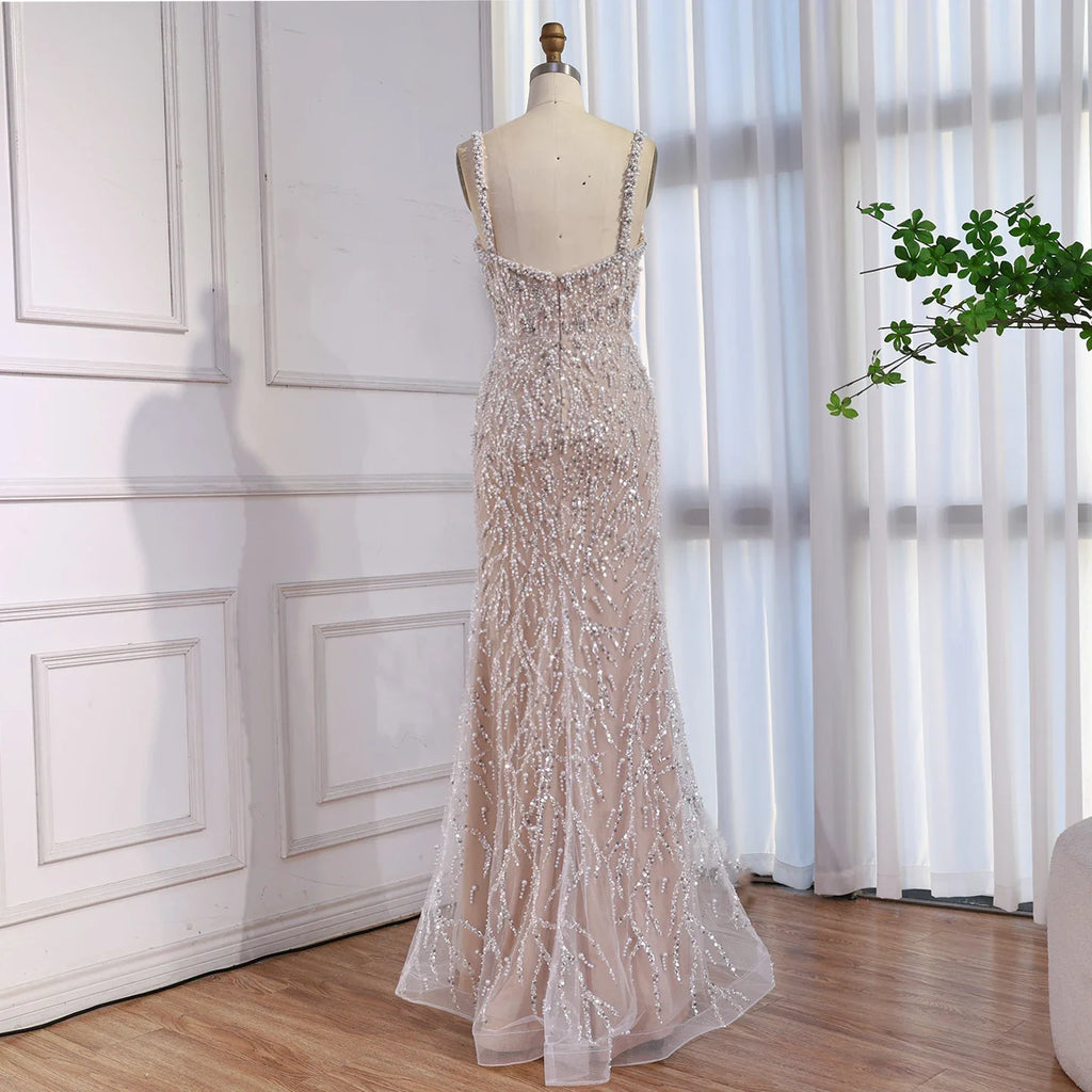 Luxury Lace Pearls Mermaid Evening Dress With Glove White Nude CLA72345E