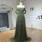 Luxury Nude A-Line Pearls Off Shoulder Evening Dress CLA72738A