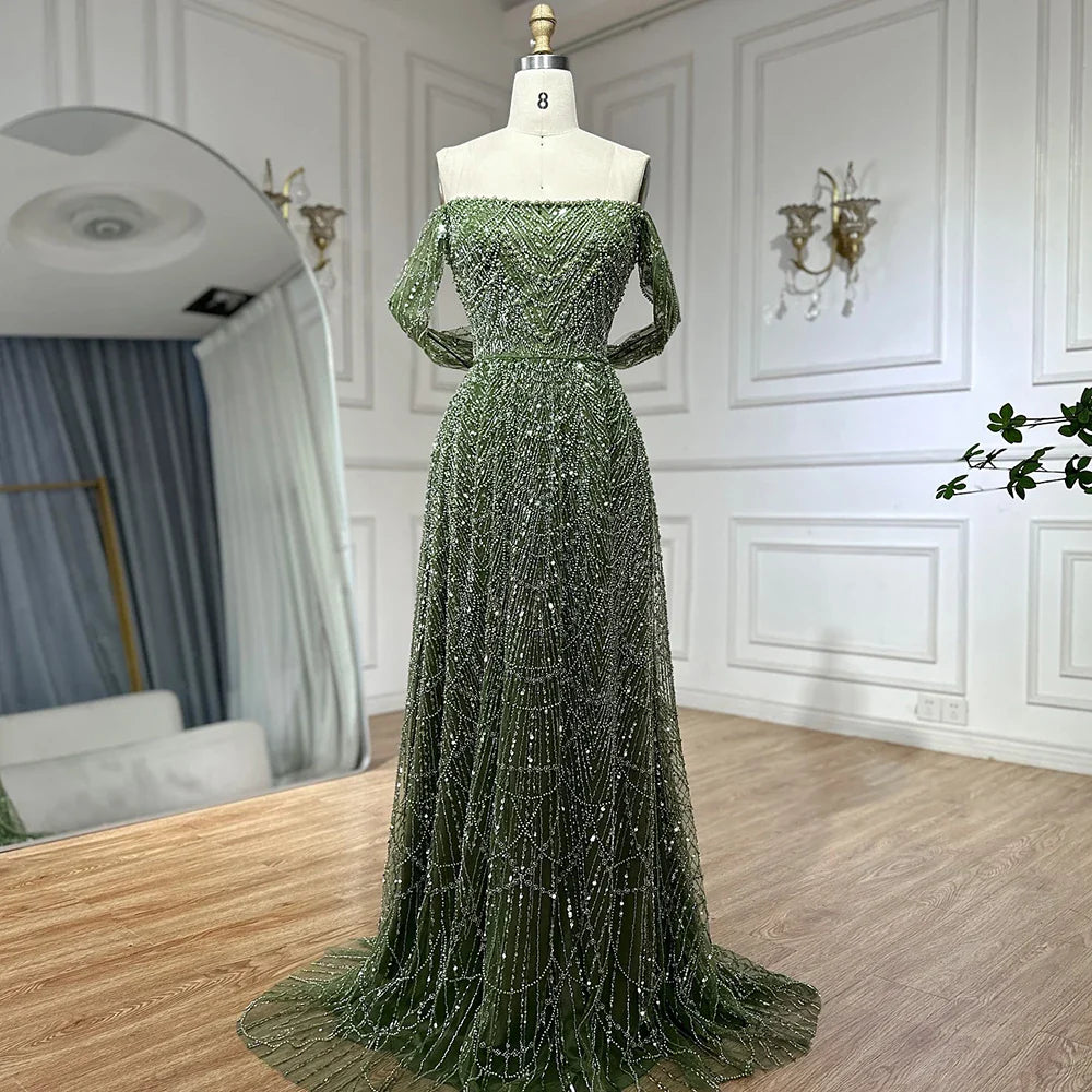 Luxury Nude A-Line Pearls Off Shoulder Evening Dress CLA72738A