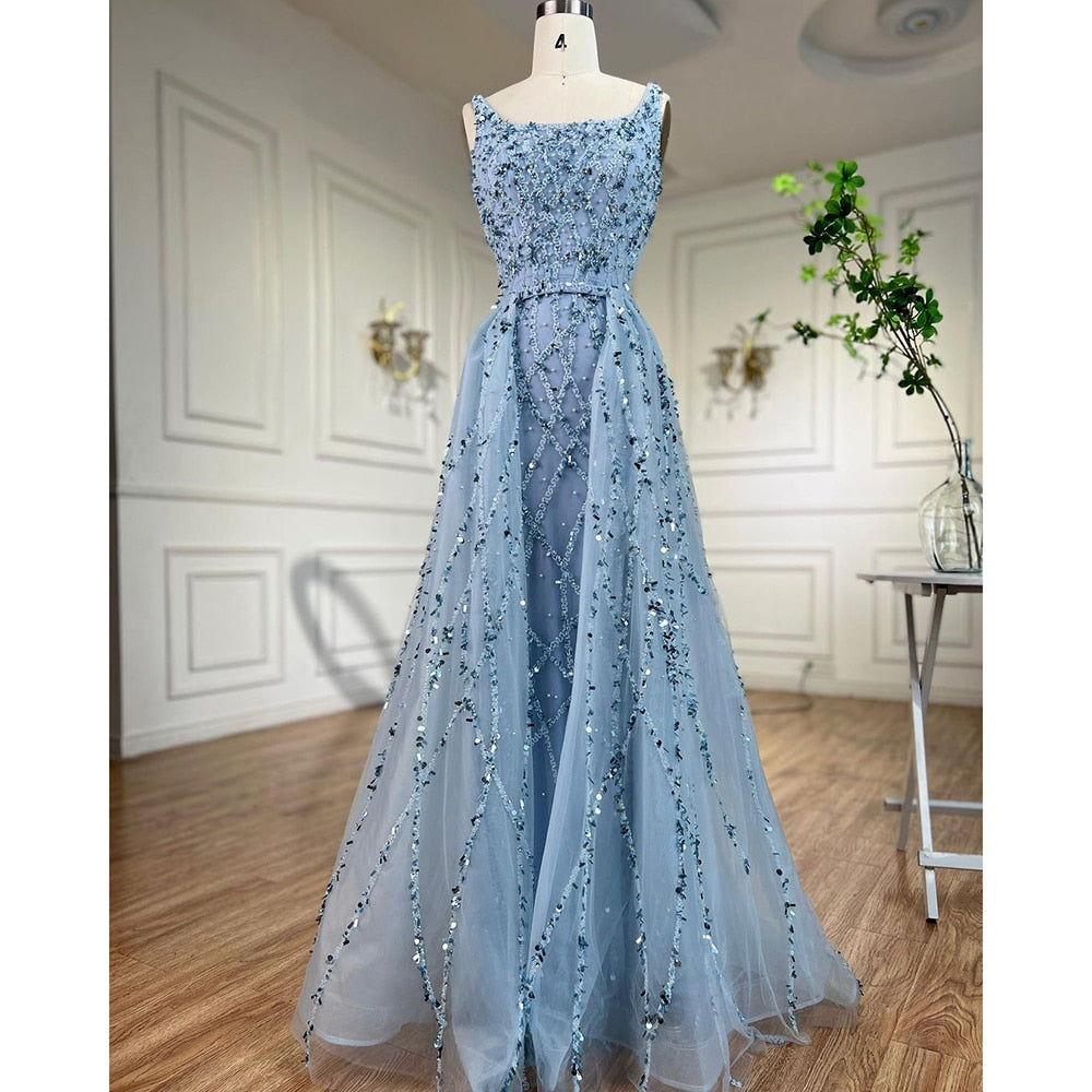 Arabic Luxury Beaded Mermaid With Detachable Overskirt Evening Dress Sleeveless Slit Women Party Gown CLA70765