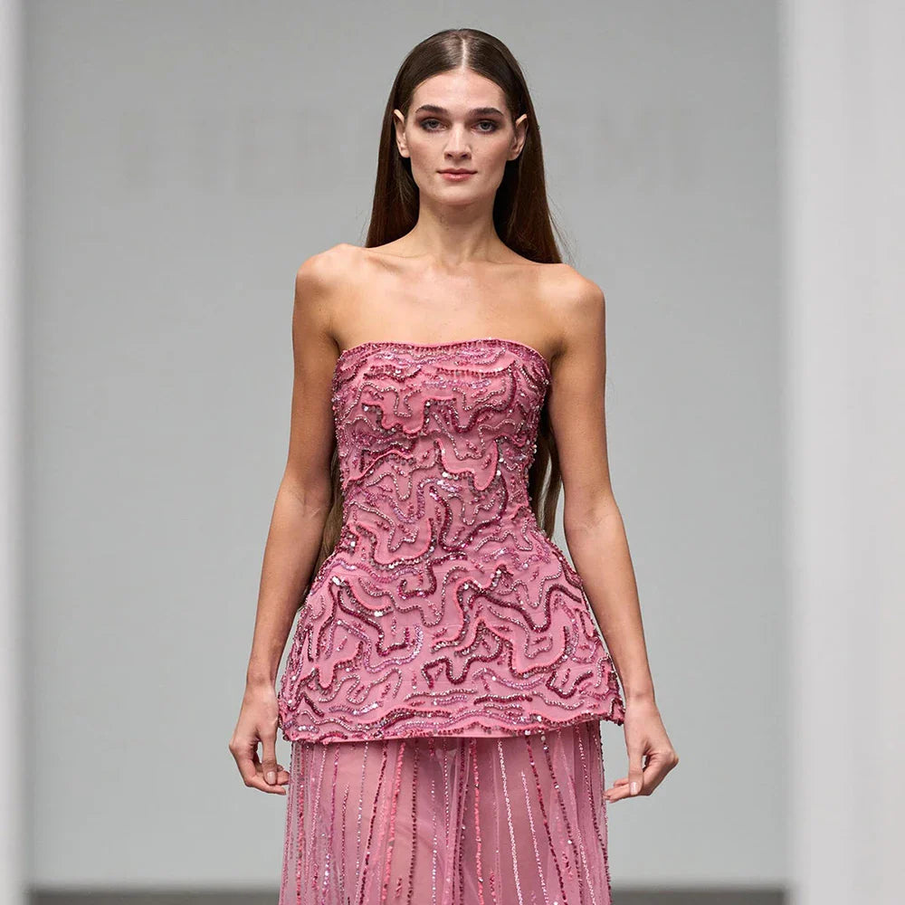 Luxury Pink Two Piece Beaded Evening Gown CLA73207