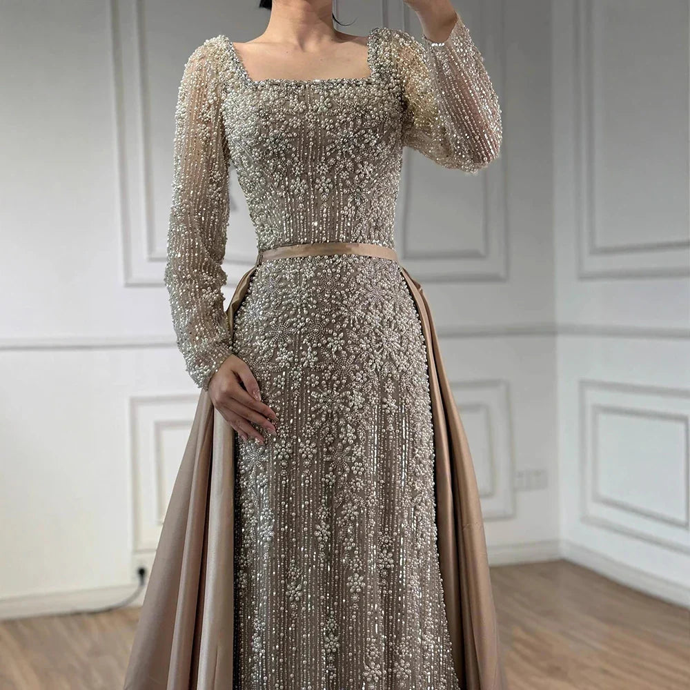 Luxury Dubai Arabic Muslim Caramel Mermaid Beaded Evening Gown with Overskirt CLA72533A