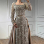 Luxury Dubai Arabic Muslim Caramel Mermaid Beaded Evening Gown with Overskirt CLA72533A