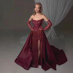 Luxury Burgundy Beaded Overskirt Evening Dress Gown With Gloves CLA72935