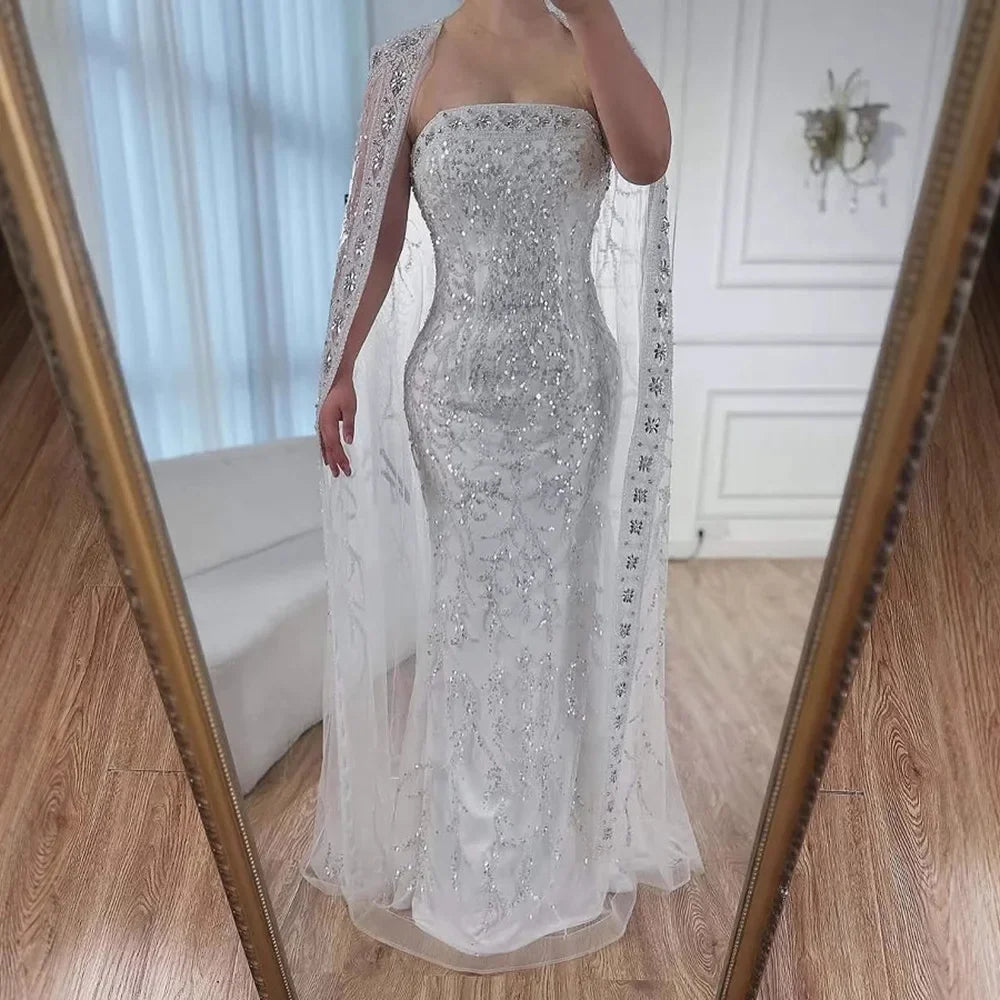 Luxury White Dubai Arabia Beaded Evening Dress With Cape CLA72870