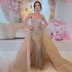 Luxury Nude Spaghetti Strap Mermaid Evening Dress with Overskirt Beaded CLA73090A