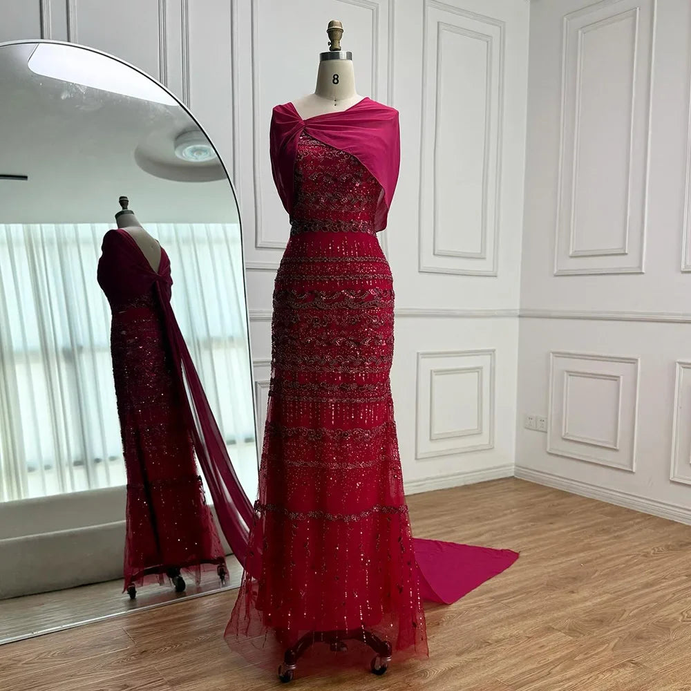 Arabic Sage Green Simple Beaded Mermaid Evening Dress With Chiffon Cape CLA72126B
