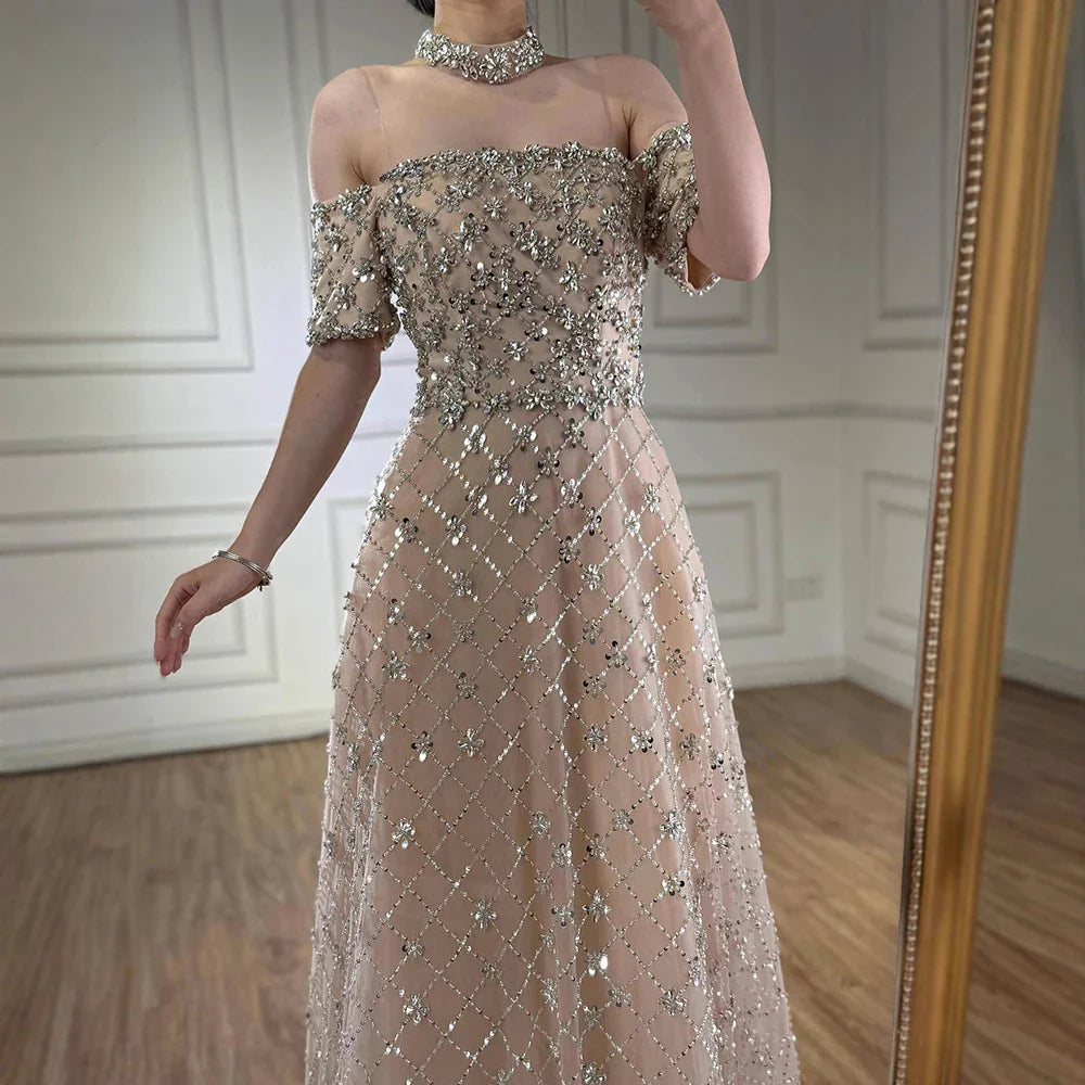 Luxury Nude Sliver Off Shoulder Beaded Crystal A-Line Evening Dress CLA73122