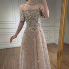 Luxury Nude Sliver Off Shoulder Beaded Crystal A-Line Evening Dress CLA73122