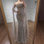 Luxury White Dubai Arabia Beaded Evening Dress With Cape CLA72870