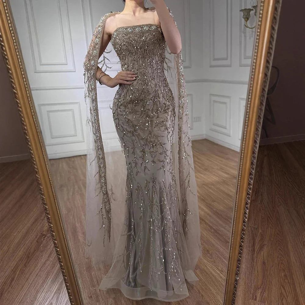 Luxury White Dubai Arabia Beaded Evening Dress With Cape CLA72870