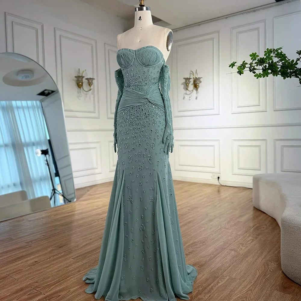 Luxury Turquoise Beaded Evening Dress With Gloves CLA72933