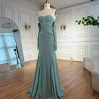 Luxury Turquoise Beaded Evening Dress With Gloves CLA72933