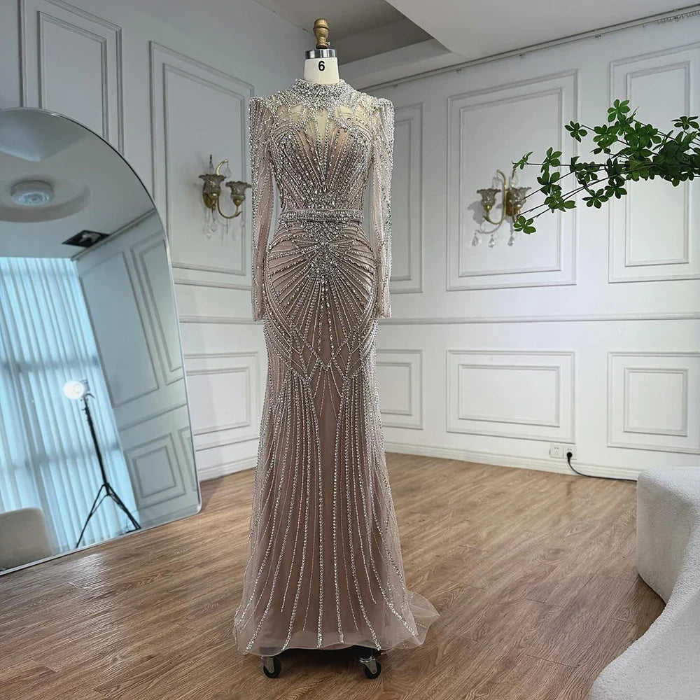 Modest Caramel High Collar Evening Dress For Women Wedding Party CLA73203