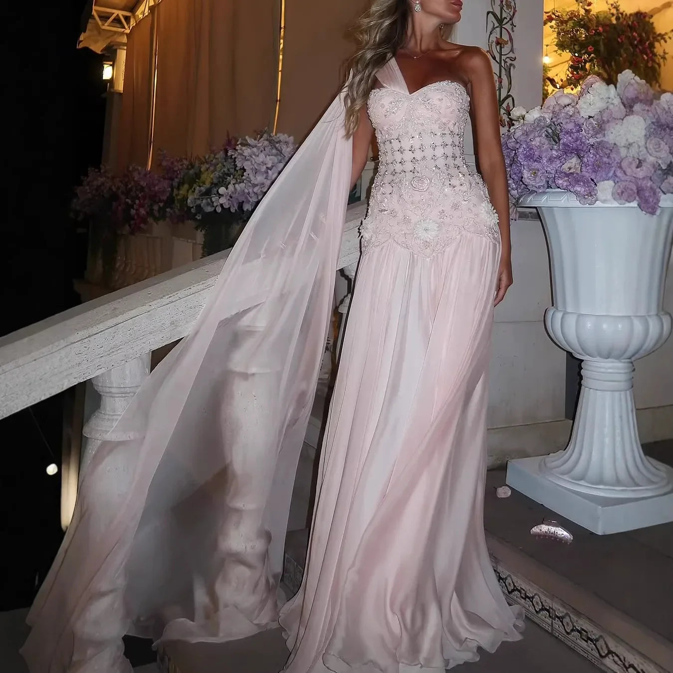 Arabic Pink Simple Style Chiffon Evening Dress CLA73451