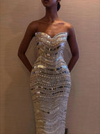 Kosovo Luxury Diamonds Full Beaded Mermaid Evening Dress Strapless Women Red Carpet Gown CLA73449