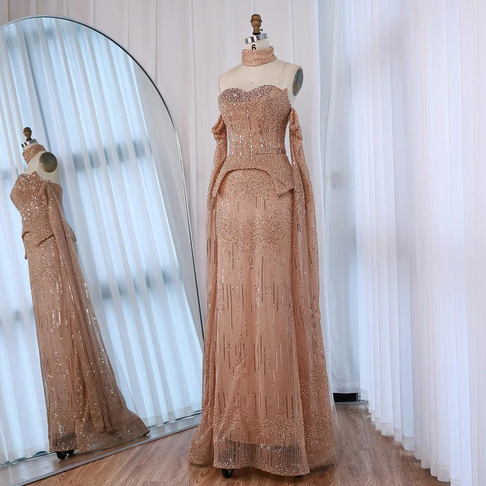 Luxury Rose Gold Beaded Off-Shoulder Evening Dress With Cape Sleeves CLA73076