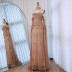 Luxury Rose Gold Beaded Off-Shoulder Evening Dress With Cape Sleeves CLA73076