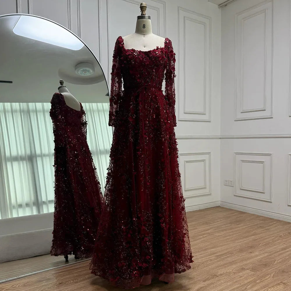 Arabic Simple Style Floral Square Neck Long Sleeves A-Line Evening Dress Women Wedding Party Gown CLA72657