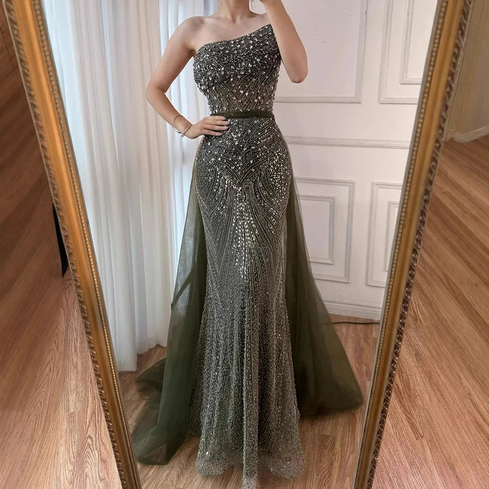 Luxury Olive Green Beaded Mermaid Evening Dress With Overskirt CLA73164A