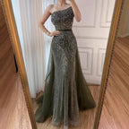 Luxury Olive Green Beaded Mermaid Evening Dress With Overskirt CLA73164A