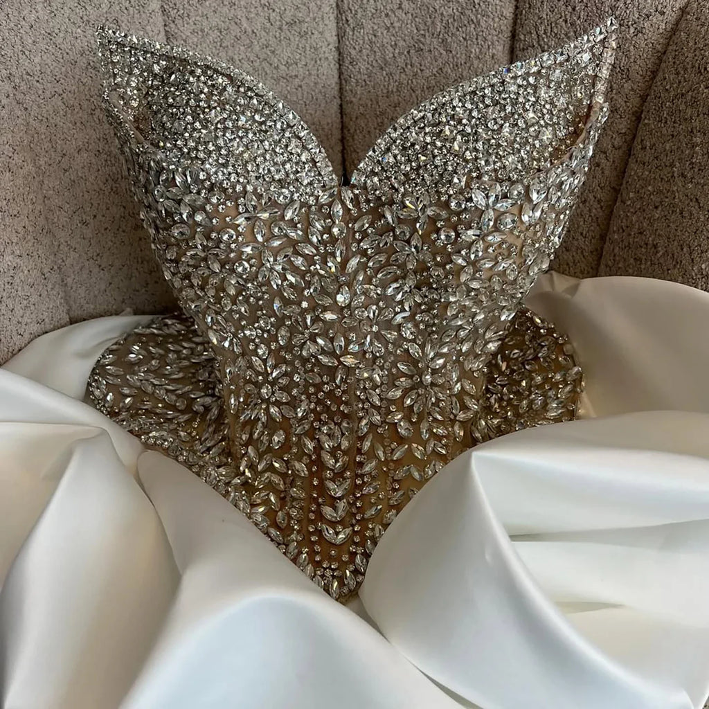 Kosovo Luxury Full Diamonds Beaded A-Line Evening Dress Nude Strapless Women Red Carpet Gown CLA73209