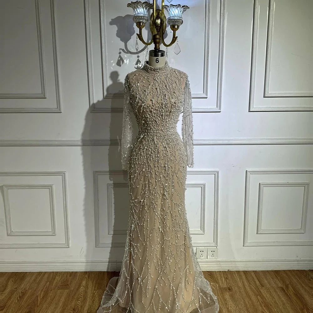 Arabic Simple Style Beaded Pearls Mermaid Evening Dress Modest Hijab High Neck CLA72345A