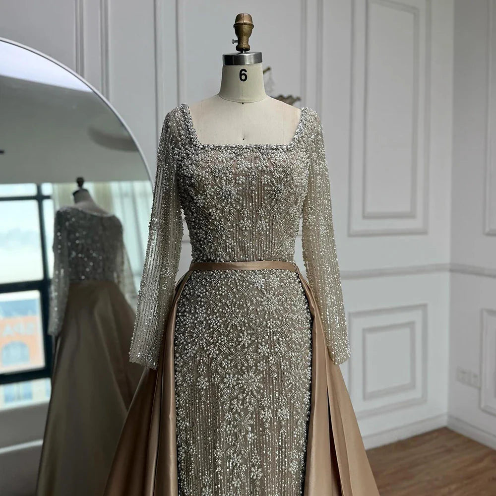 Luxury Dubai Arabic Muslim Caramel Mermaid Beaded Evening Gown with Overskirt CLA72533A