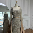 Luxury Dubai Arabic Muslim Caramel Mermaid Beaded Evening Gown with Overskirt CLA72533A