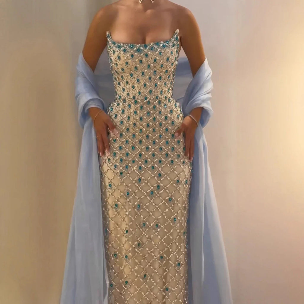 Arabic Luxury Blue Diamonds Mermaid Evening Dress WIth Cape Women Wedding Party Gown CLA73226
