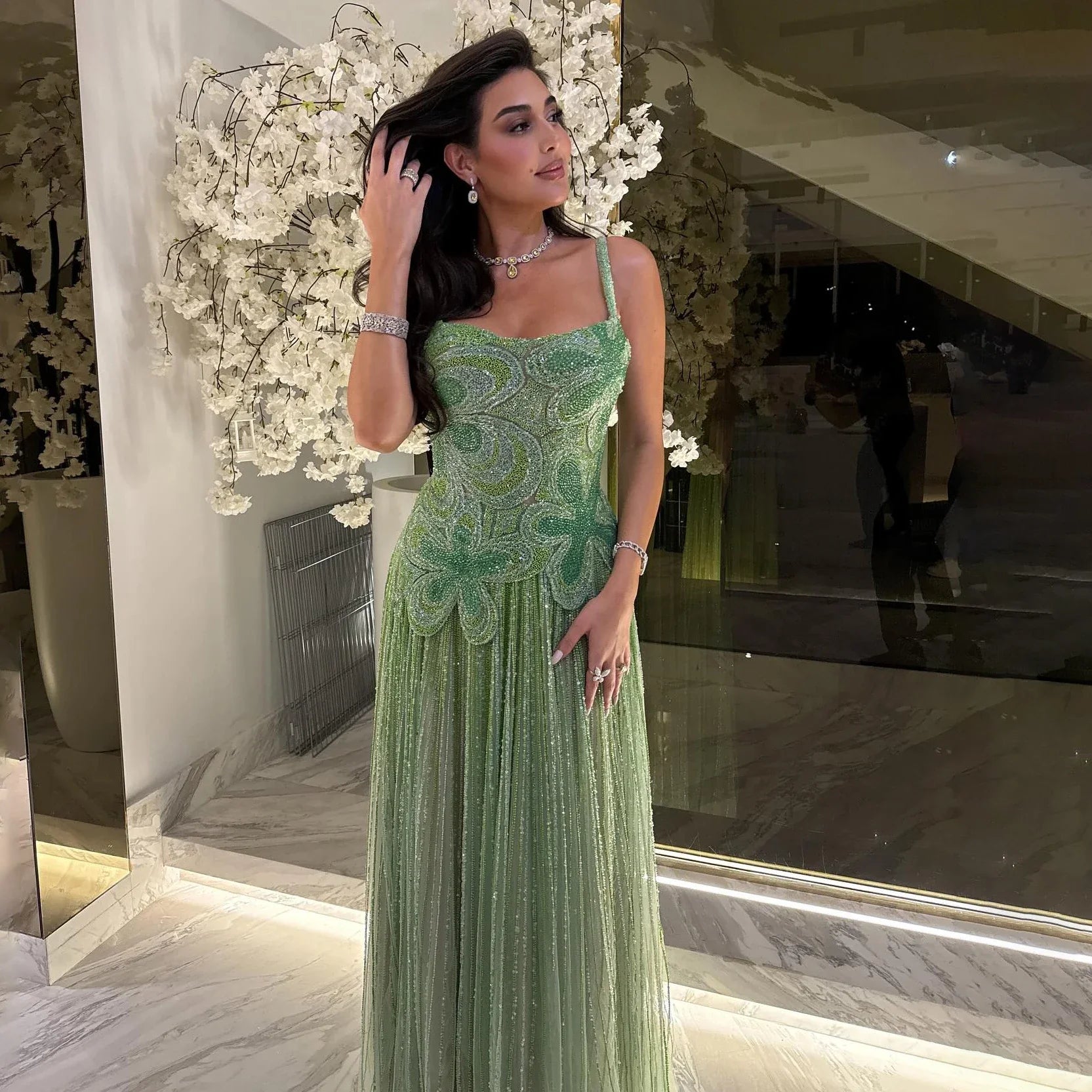 Kosovo Luxury Full Beaded A-Line Spaghetti Straps Evening Dress Women Occasion Party Gown CLA73332