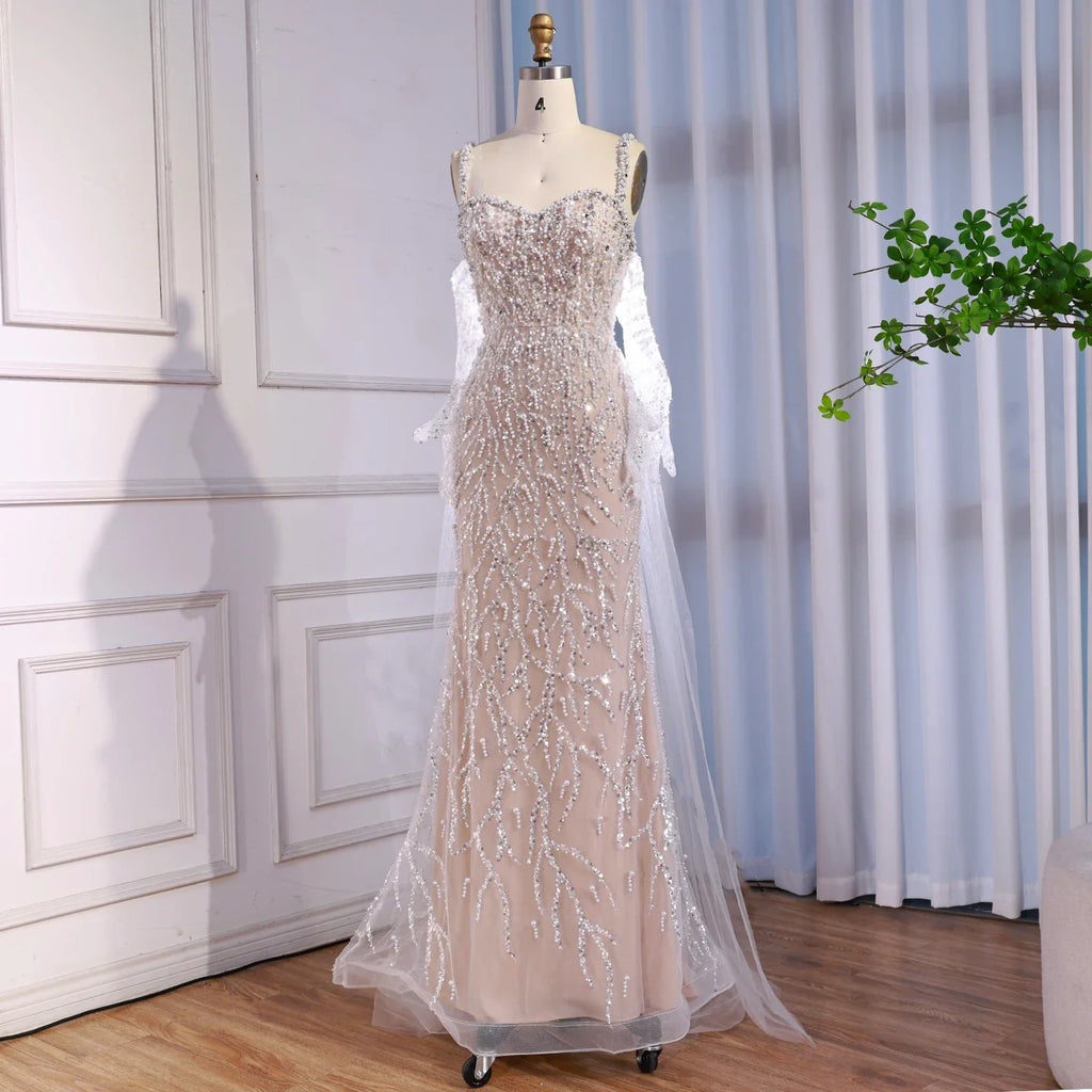 Luxury Lace Pearls Mermaid Evening Dress With Glove White Nude CLA72345E