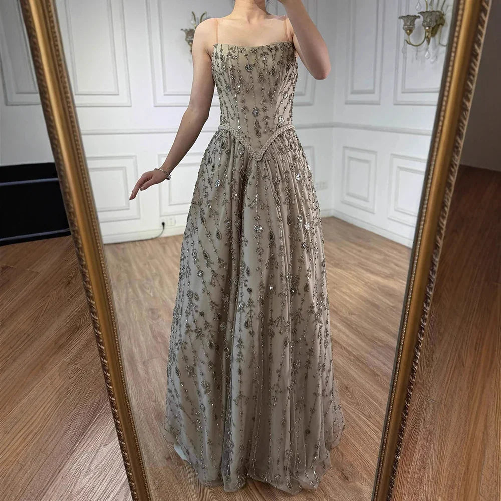 Luxury Sage Green Beaded A-Line Spaghetti Straps Evening Dress CLA72805