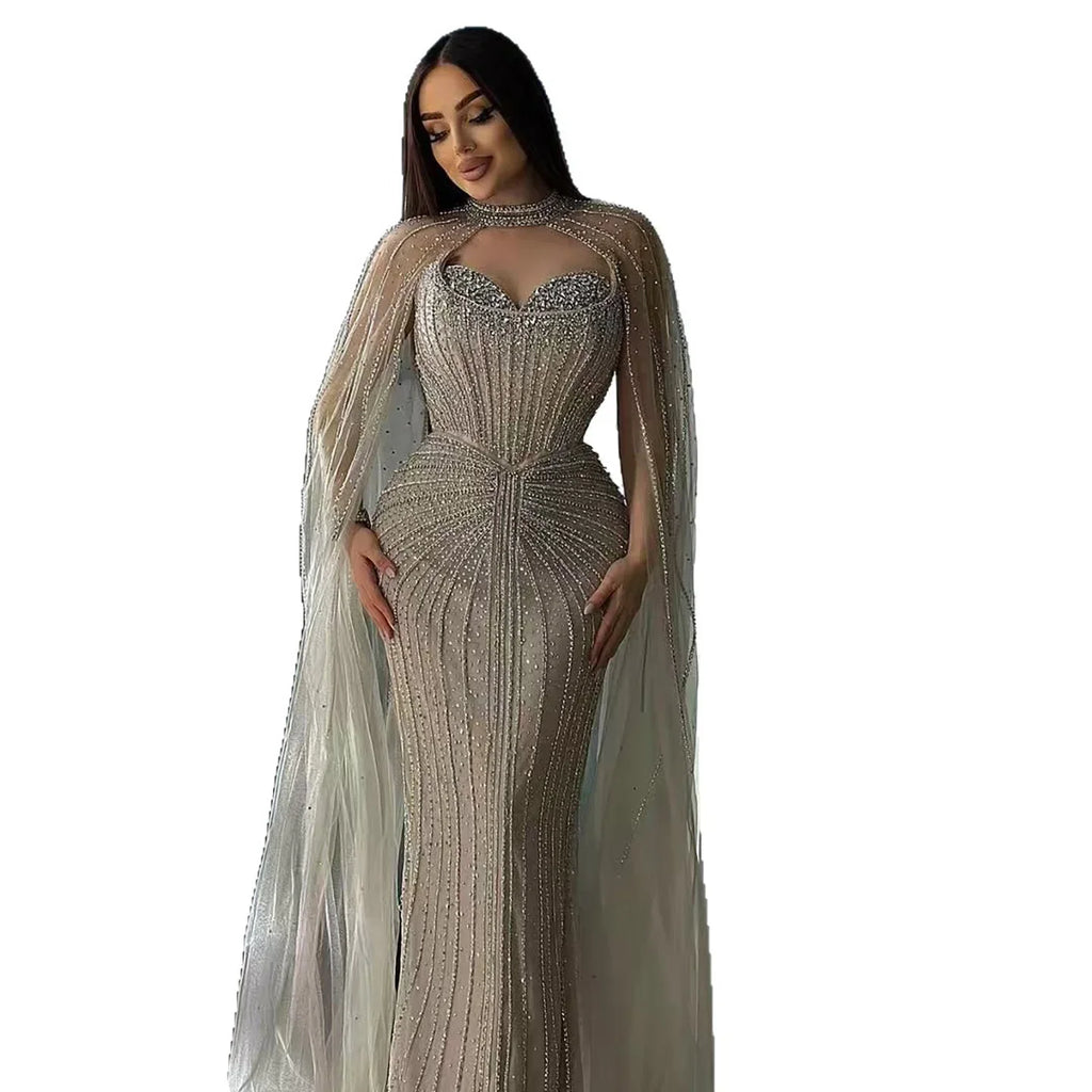 Luxury Dubai Caramel Beaded Evening Dress With Cape CLA72811C