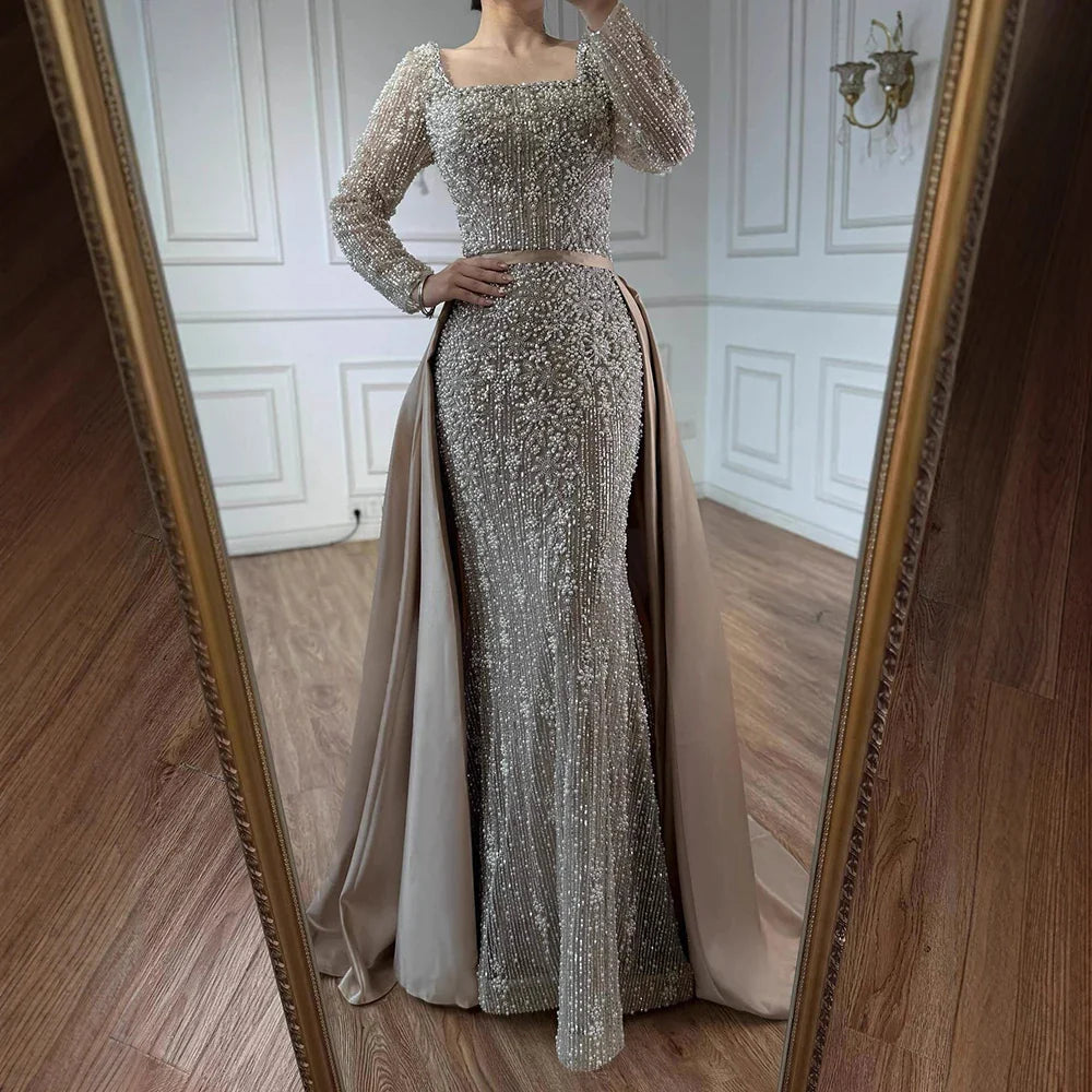 Luxury Dubai Arabic Muslim Caramel Mermaid Beaded Evening Gown with Overskirt CLA72533A