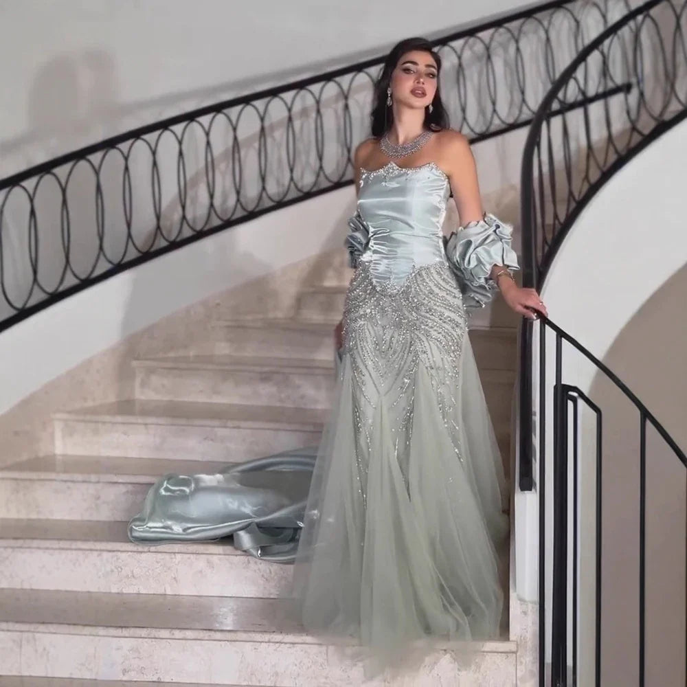 Luxury Sage Green Beaded Mermaid Evening Dress With Detachable Sleeves CLA73201