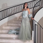 Luxury Sage Green Beaded Mermaid Evening Dress With Detachable Sleeves CLA73201